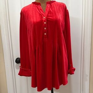 NWT Kim Rogers Vibrant Red Velvet Women's Tunic with Gold Tone Button Accents